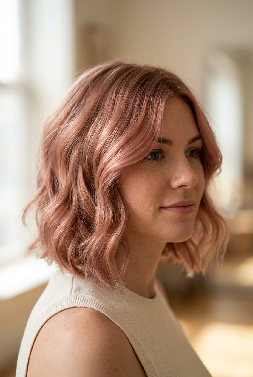 collarbone-length rose gold bob with pink peach undertones, soft layers, swept-aside fringe — whimsical playful