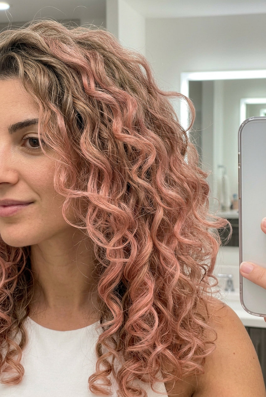 long rose gold ombré with soft pink, natural brunette base, no fringe — romantic, playful