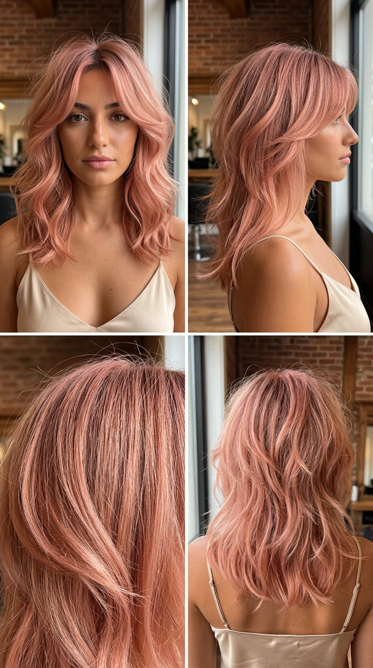 medium rose gold wolf cut with peach undertones, warm pink, soft curtain bangs, butterfly layers — playful, bohemian, feminine