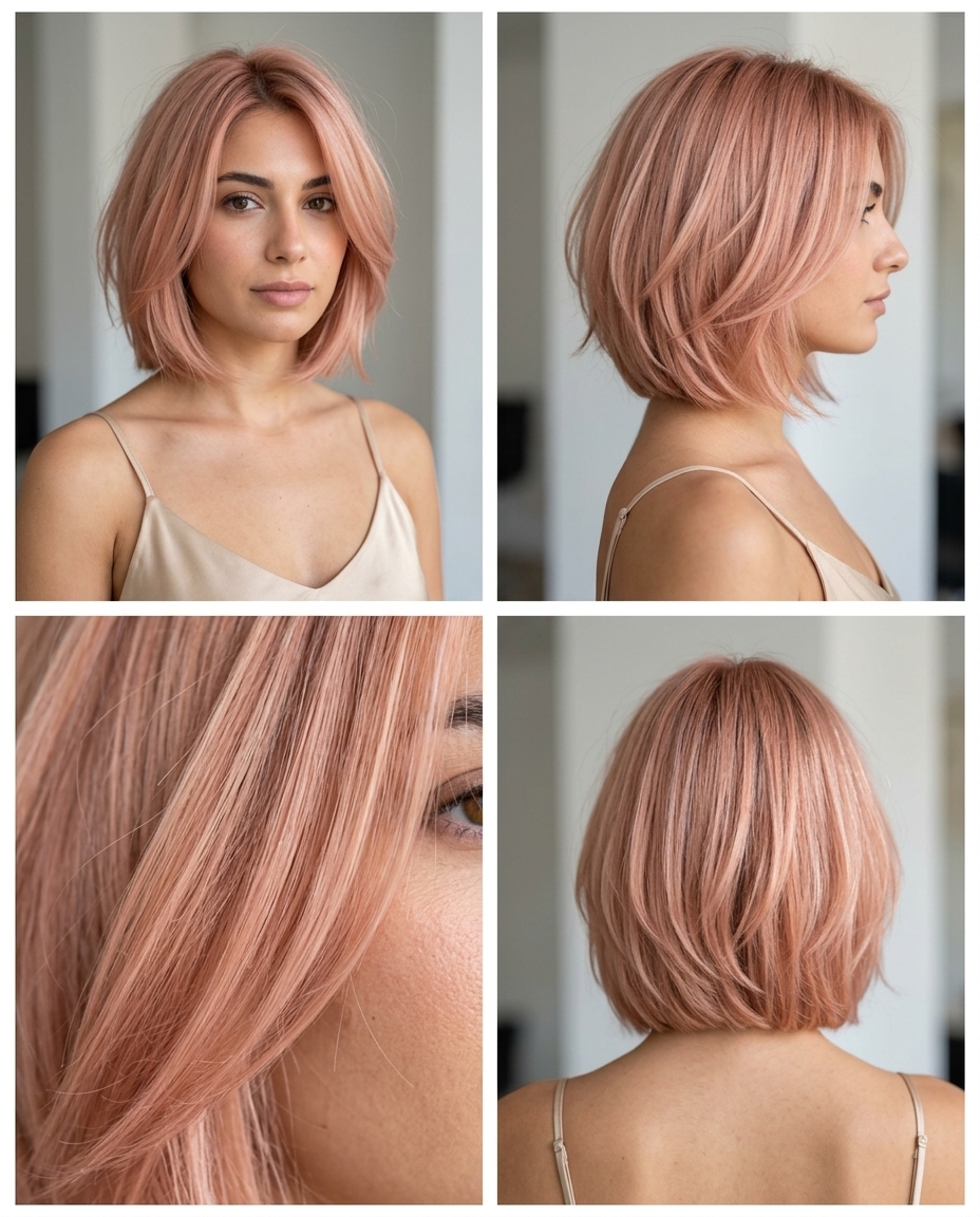 short italian bob haircut in dusty rose gold with peachy pink undertones for summer 2026