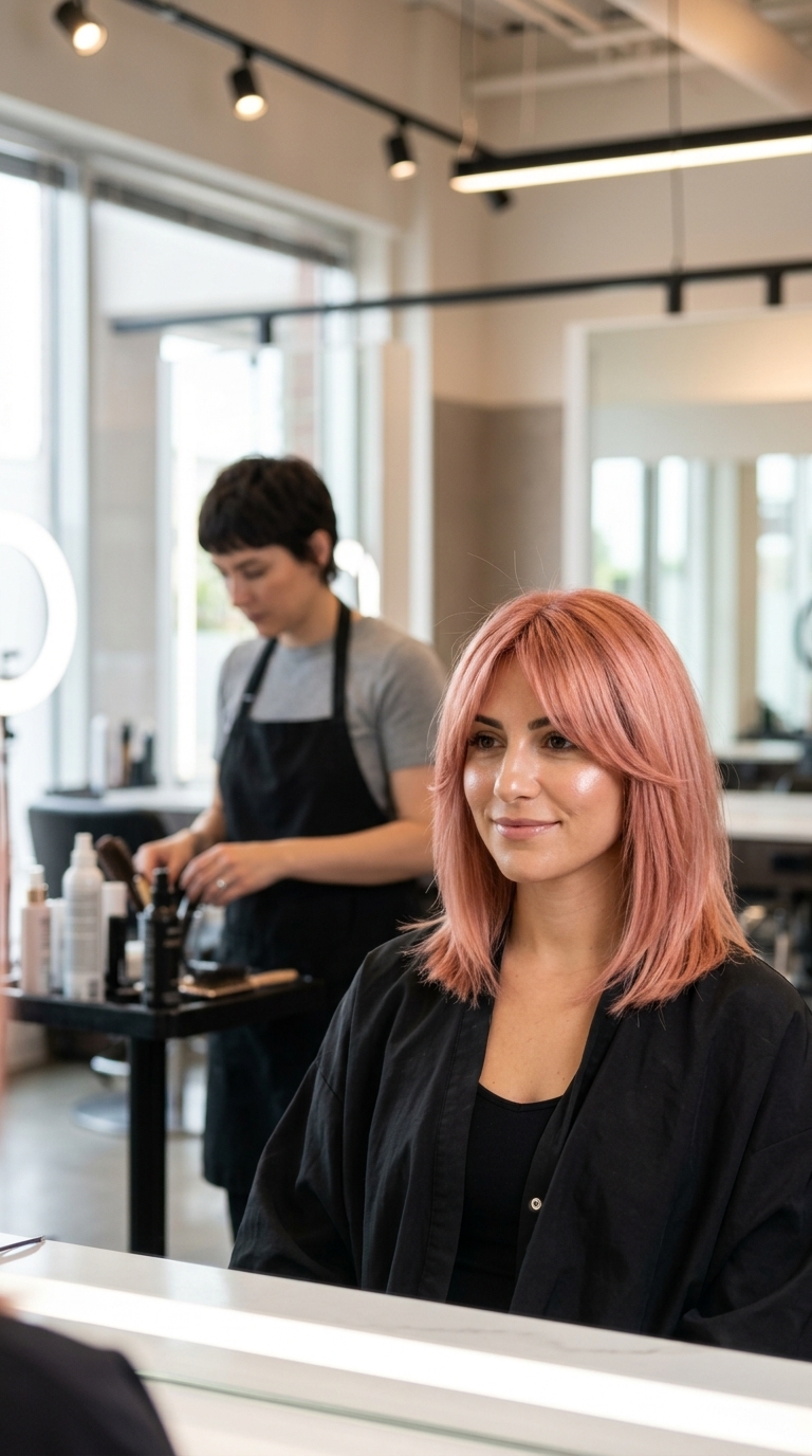 Rose Gold Lob with Bottleneck Bangs 2026 shoulder-length rose gold lob with bottleneck bangs and soft layers