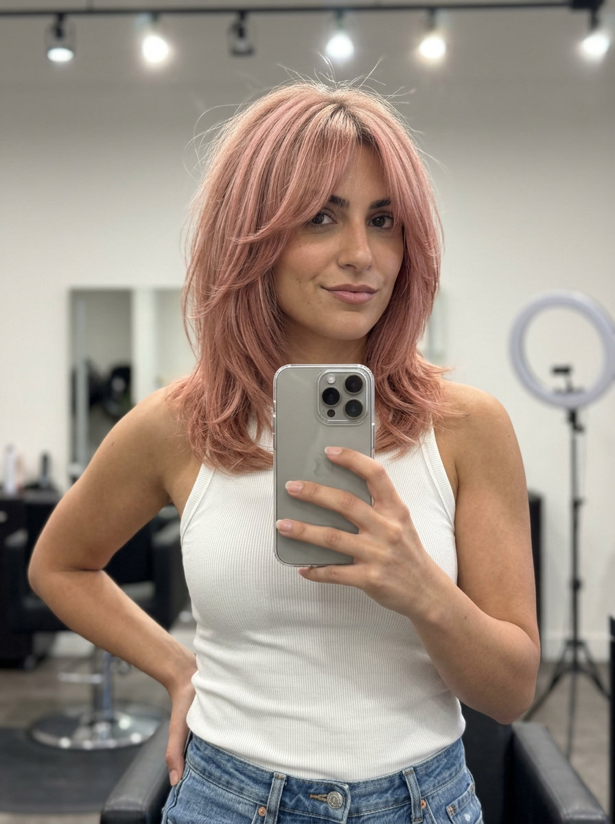 shoulder-length shag haircut in rose gold with champagne blonde root smudge and wispy ends for summer wedding