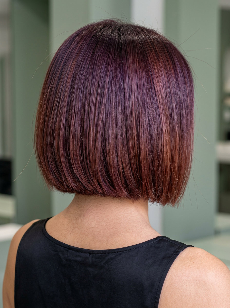 chin-length rosewood auburn bob with razored blunt cut and side part for edgy look