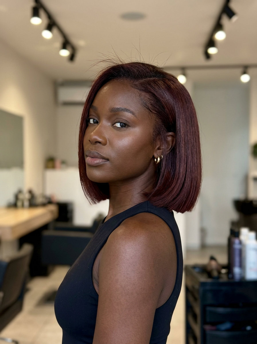 chin-length bob rosewood auburn with mahogany undertones and graduated back for professional events