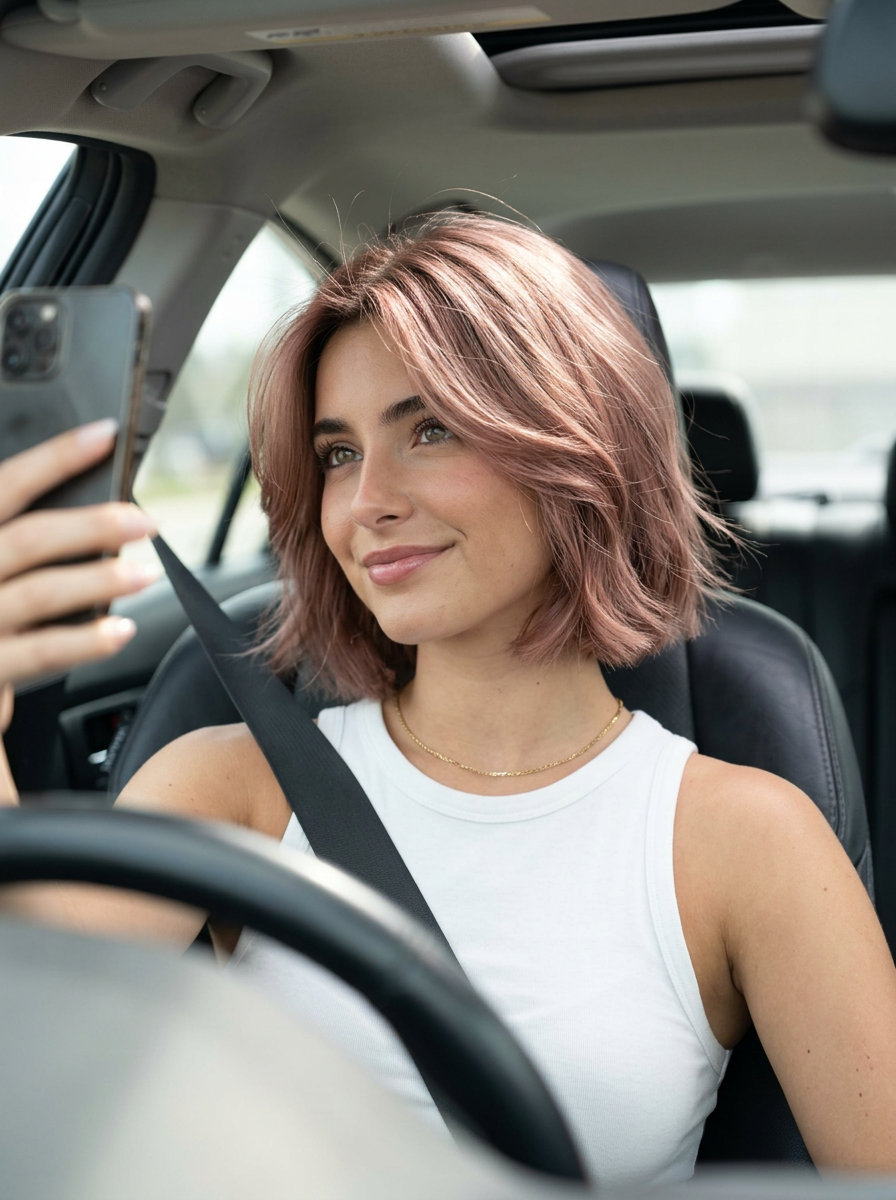 short italian bob haircut with muted rosewood color, soft face-framing layers for romantic waves