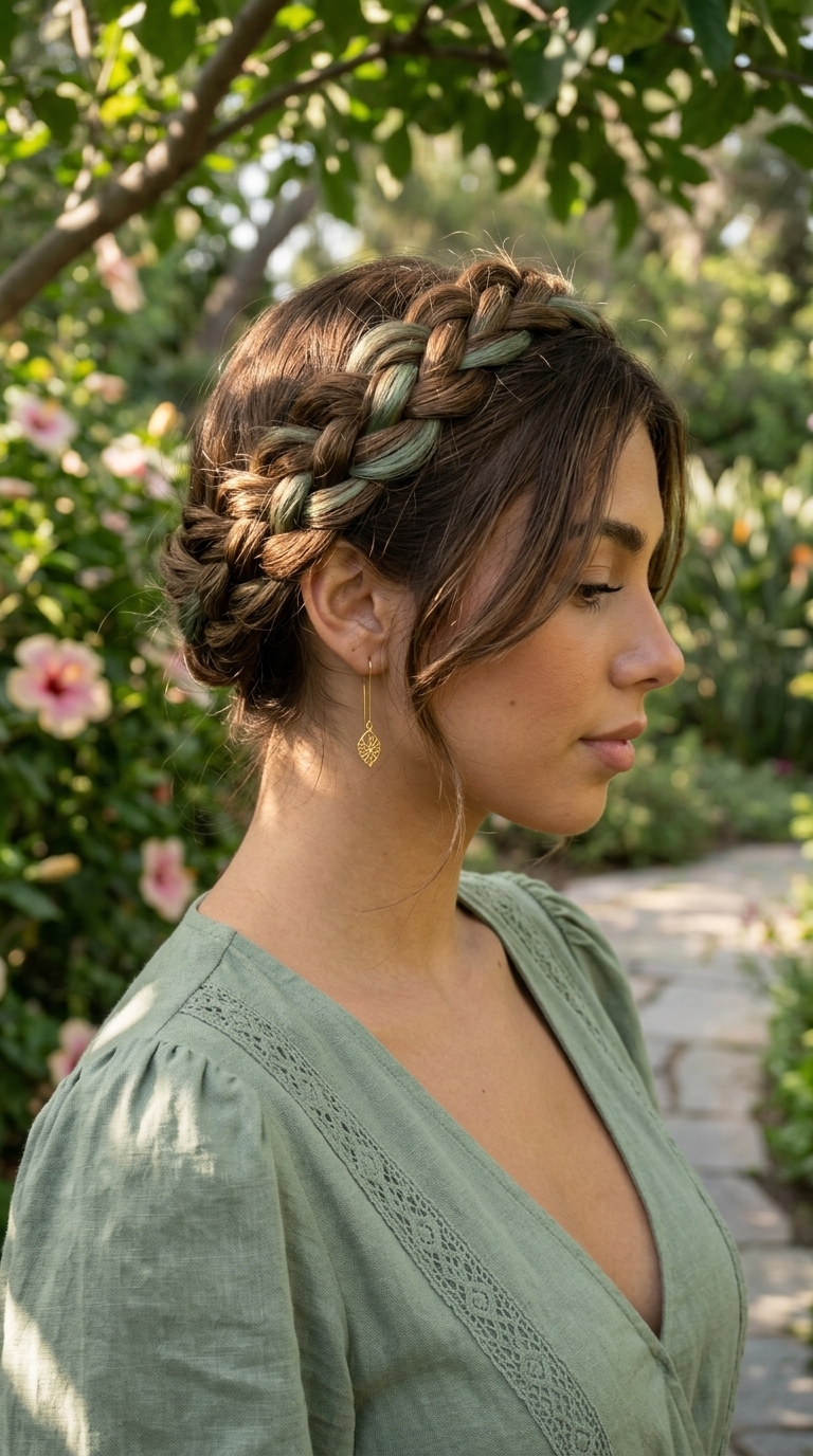 medium-length halo braid with muted sage accents, face-framing layers, pancaked braid — romantic garden party style