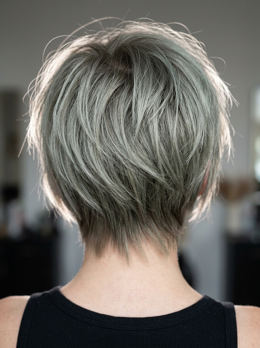 Sage Silver Pixie Haircut 2026 very short sage silver pixie haircut with metallic silver, razored layers, asymmetrical fringe β edgy & sophisticated