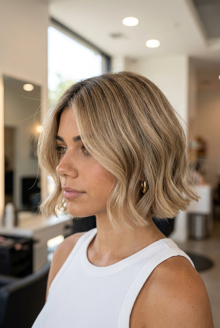 short italian bob haircut with sandy beige blonde, babylights and jawline length for natural waves