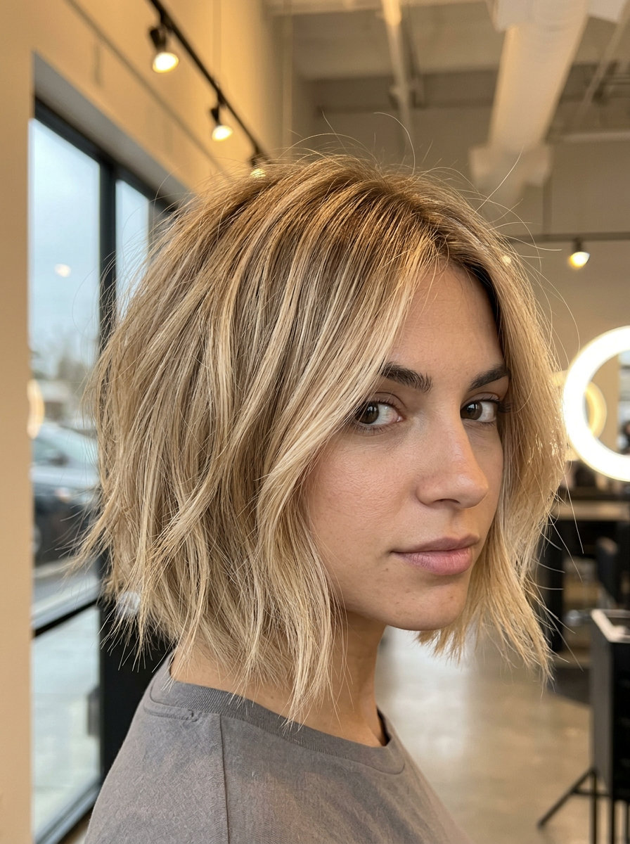 chin-length sandy blonde bob with beige gold highlights, soft root smudge, wispy bangs — relaxed playful