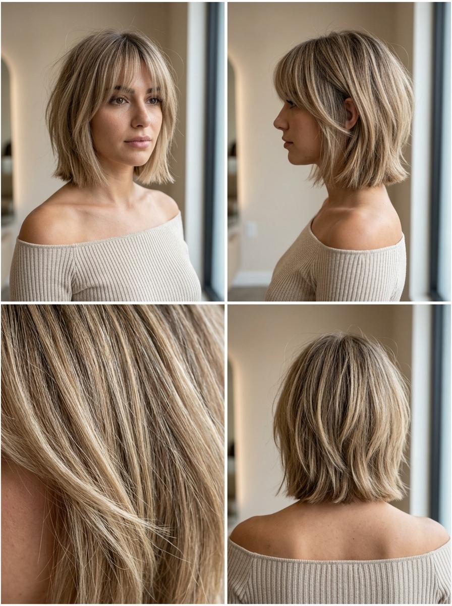 chin-length sandy blonde cub cut wolf with cool beige tones, ash root smudge, heavily point-cut layers, soft curtain bangs — playful, edgy, effortless