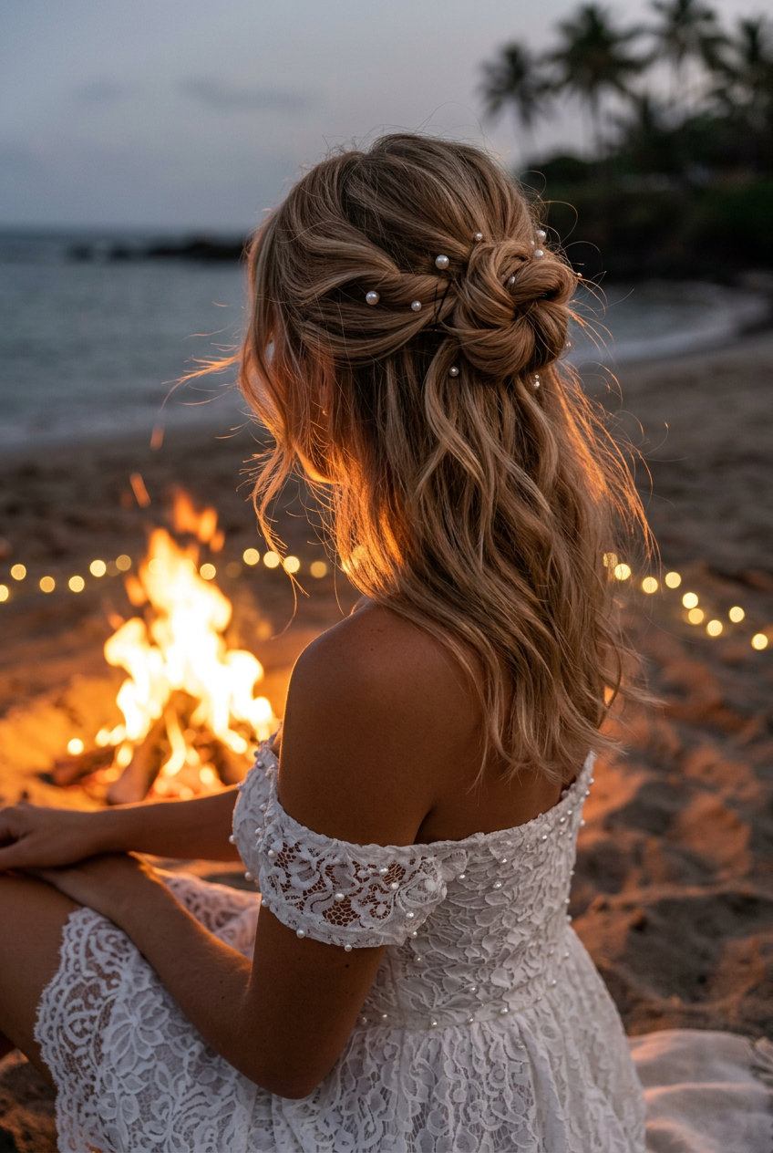 Coquette Pearl Half-Up Bun 2026 long half-up bun updo with sandy blonde hair, pearl accents, soft waves β playful romantic brunch