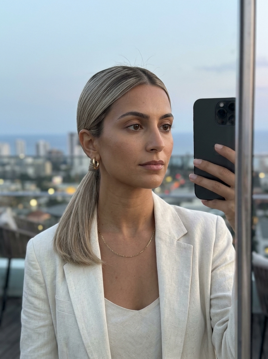 Linen Blonde Sleek Low Ponytail 2026 long sandy blonde sleek low ponytail with glass hair finish for art gallery opening