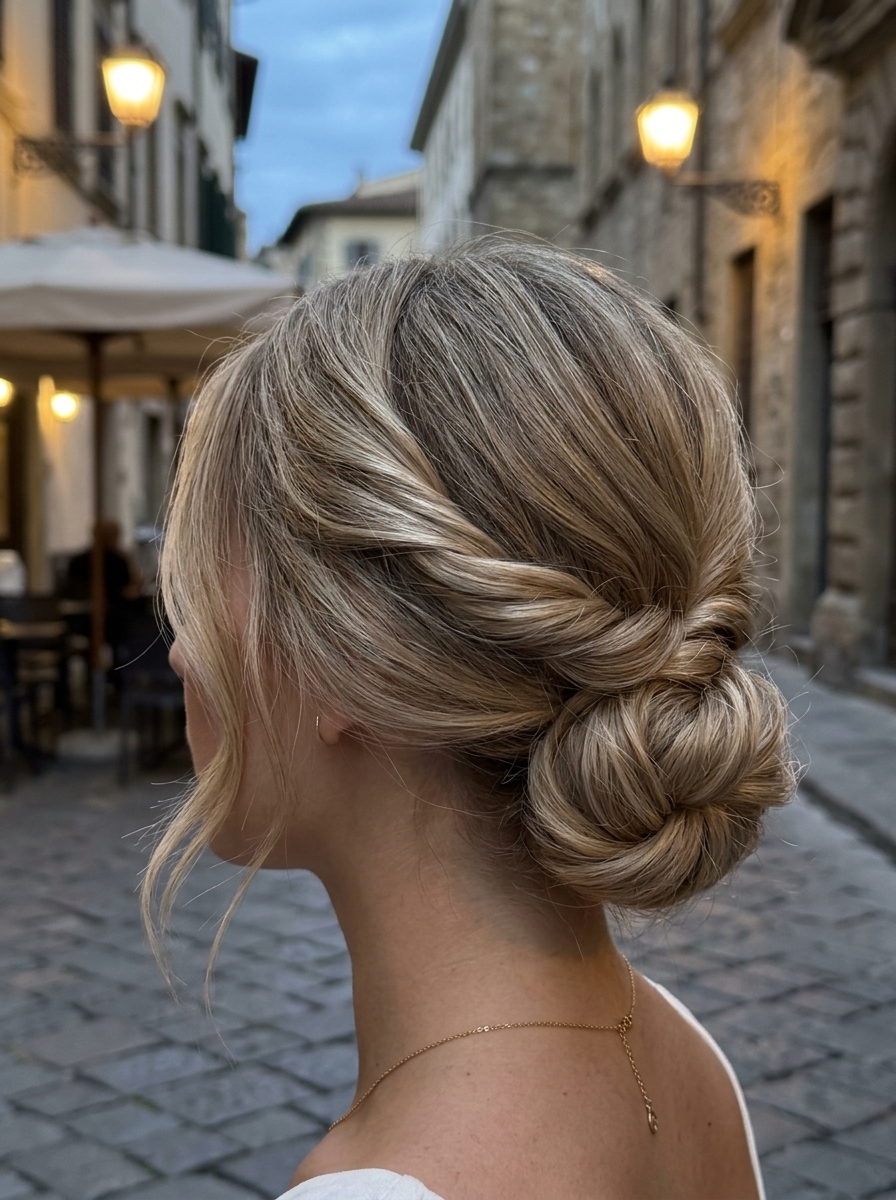 Soft Twisted Updo 2026 long twisted updo with sandy blonde hair, babylights, face-framing pieces β soft French chic daily