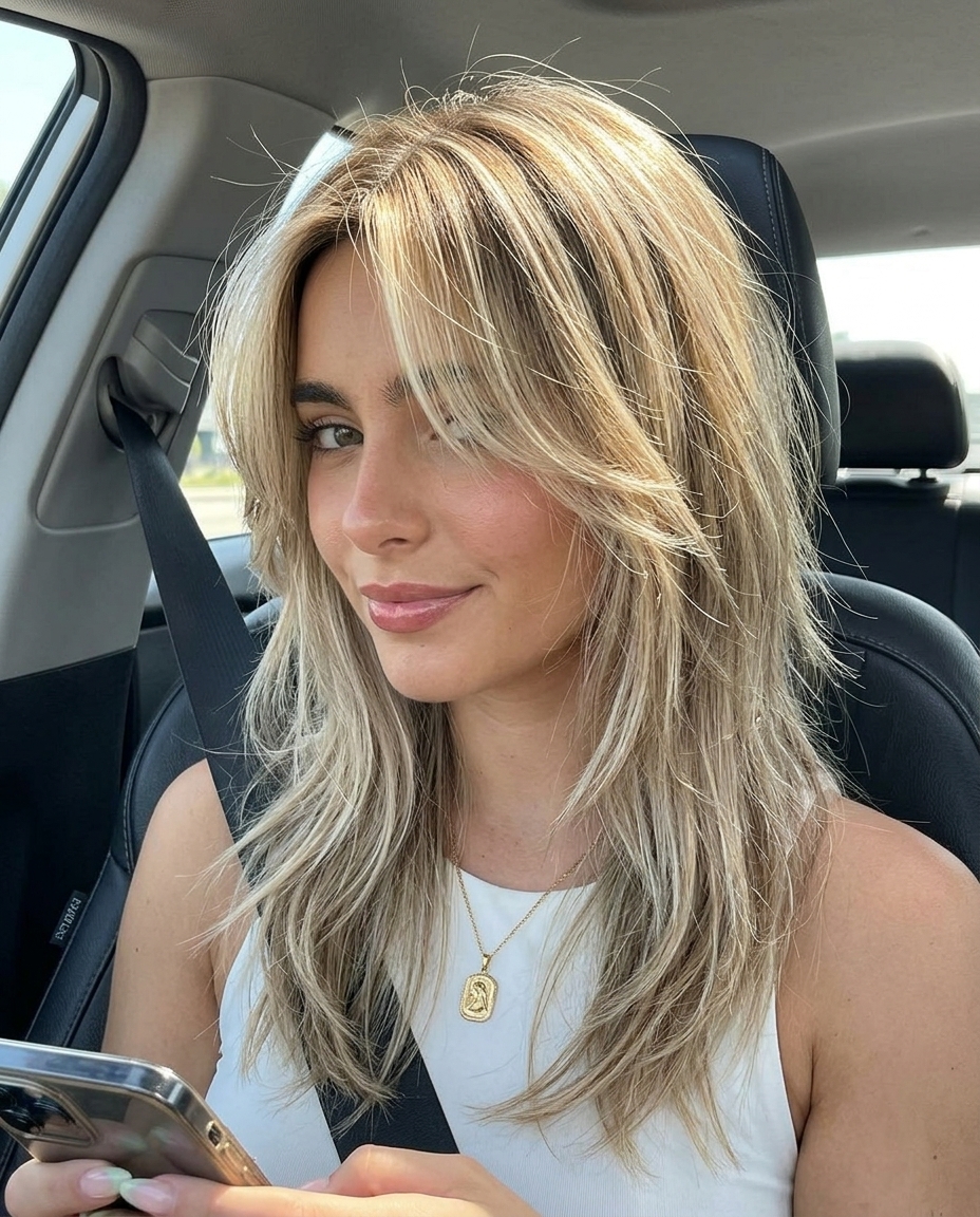 medium-long wolf cut in sandy blonde with babylights and wispy fringe for summer