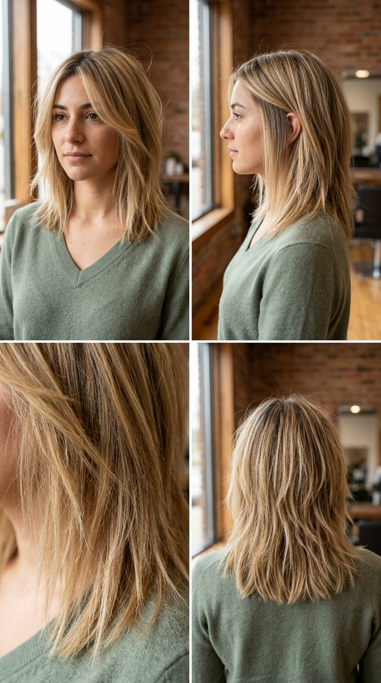 Sun-Kissed Festival Shag 2026: Sandy Blonde & Edgy medium shag haircut with sandy blonde babylights, root smudge, razored layers, wispy fringe β edgy festival style