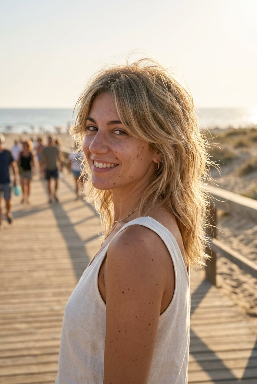 shoulder-grazing sandy blonde wolf cut with golden babylights, natural light brown root, internal layers, point-cut ends — playful, effortless, relaxed