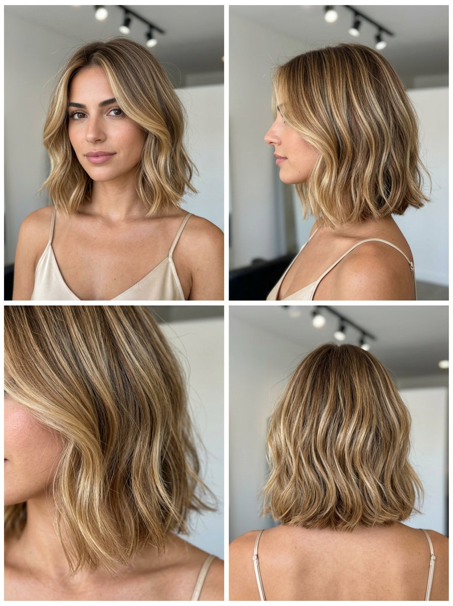 collarbone-length bob haircut with sandy brown & golden blonde balayage, soft layers — boho chic summer style