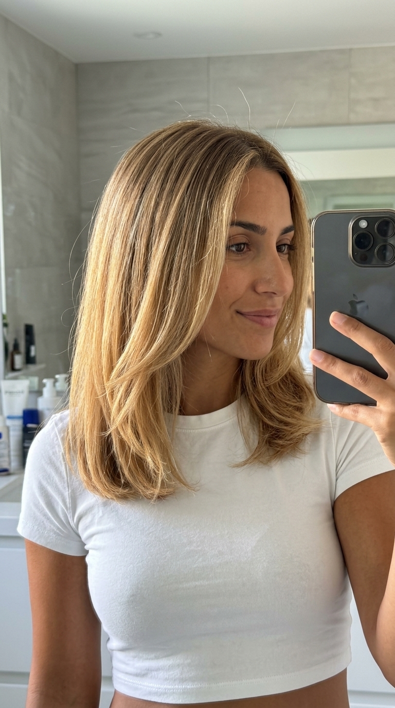 long honey blonde hair color with sandy blonde to golden honey ombré and soft root