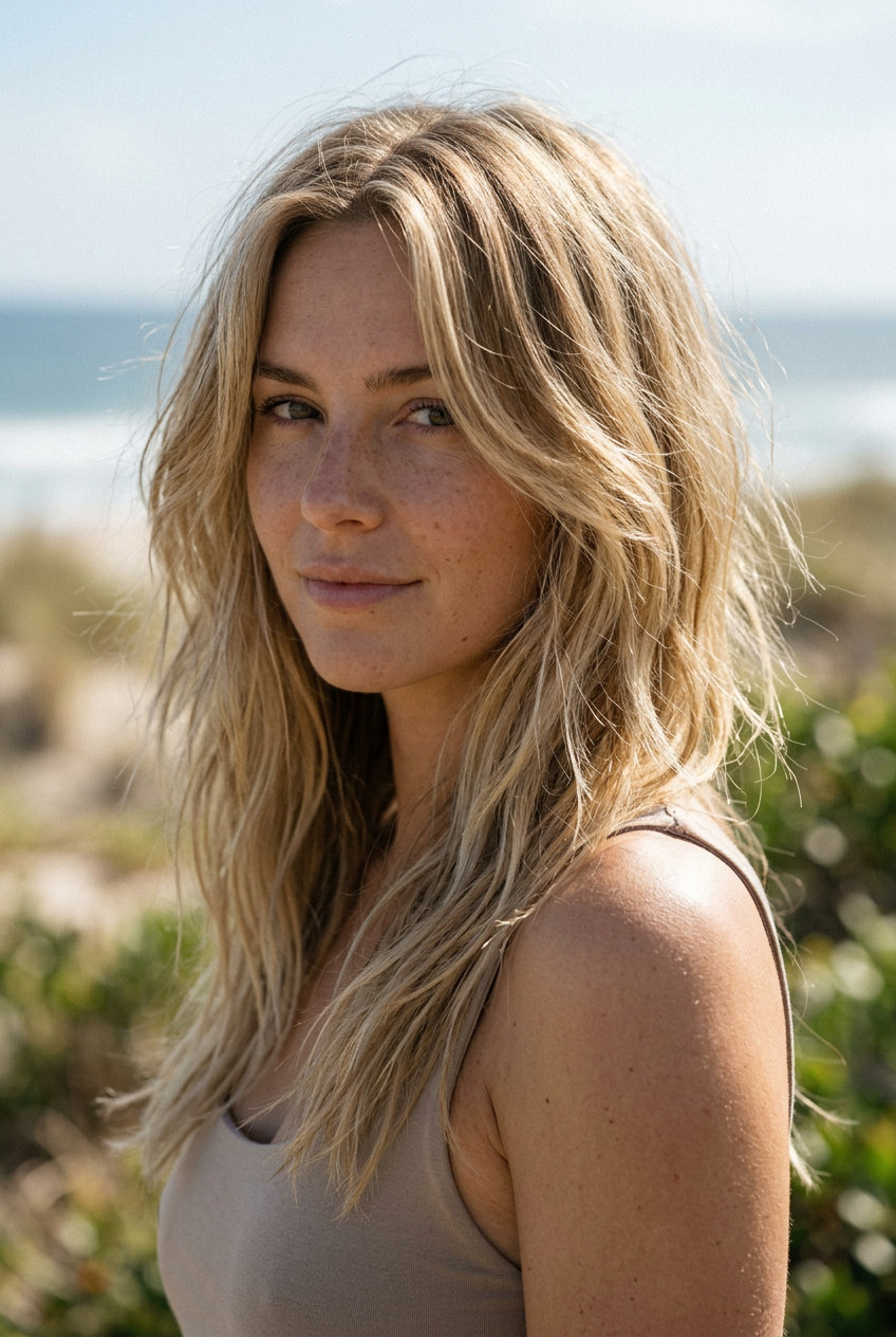 long shag haircut with sandy blonde balayage, sun-kissed babylights, curtain bangs — playful, carefree