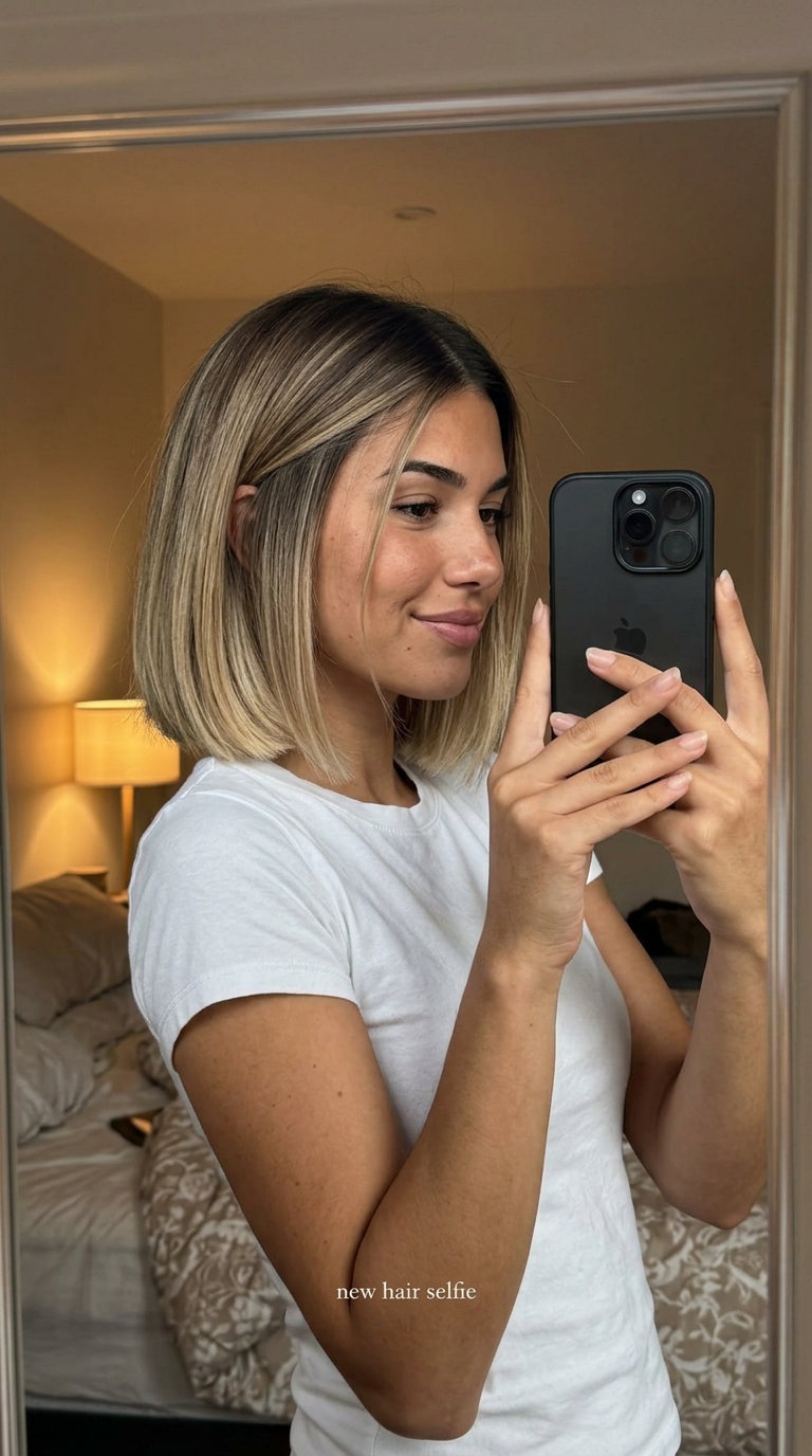 short bob ombre with dark blonde to sandy blonde, blunt cut and fringe for beachy style