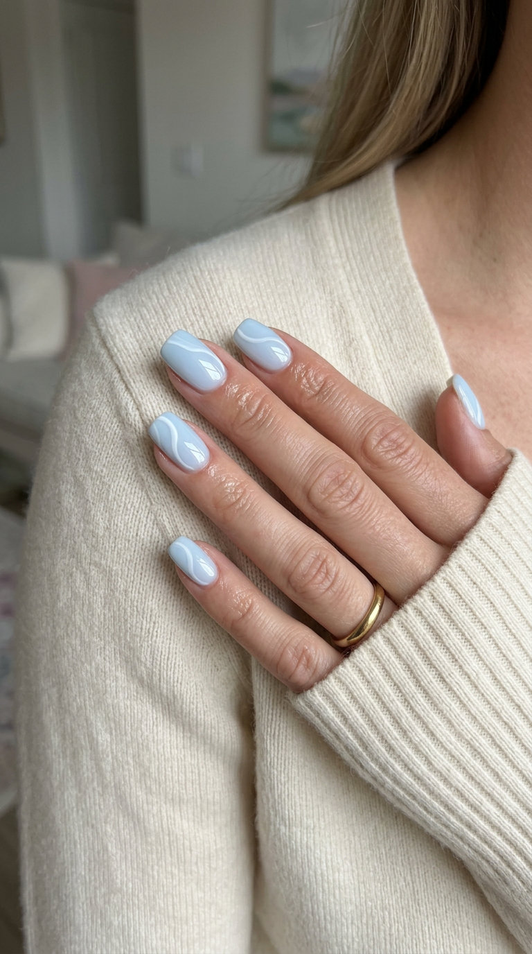 Aqua Current Swirls Nails 2026: Casual Summer Style Aqua Current Swirls Squoval nails: milky blue with white swirls for shell summer nails 2026. Casual chic.