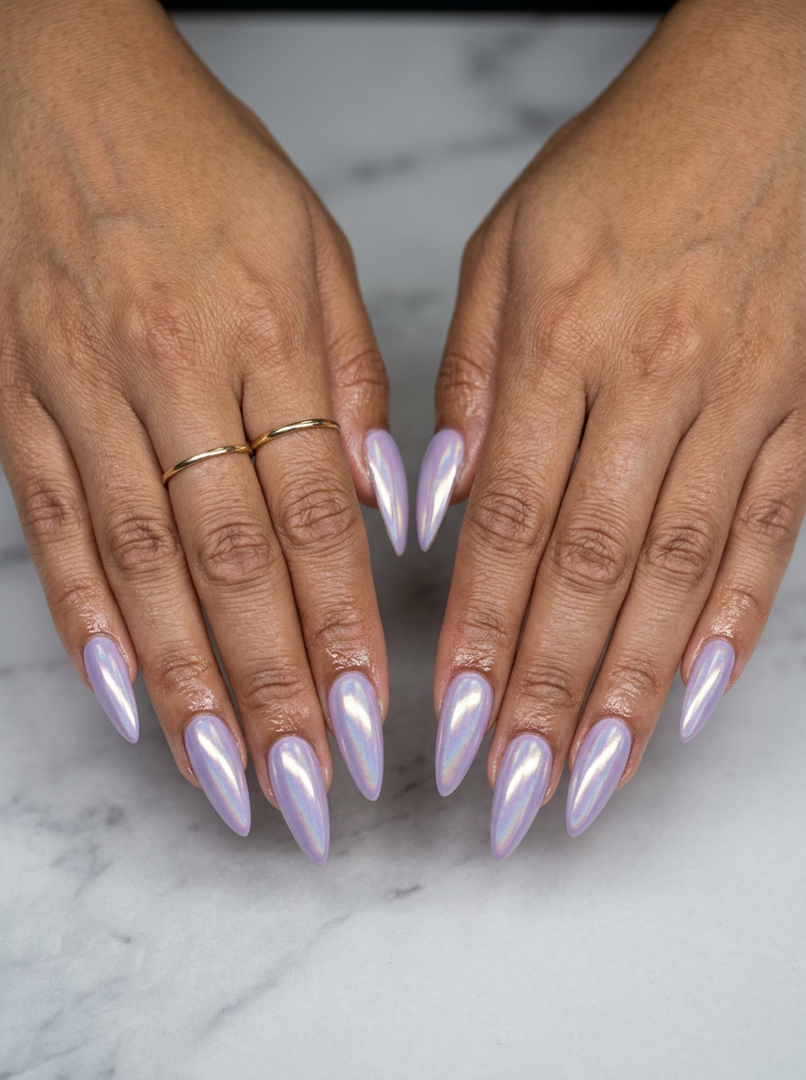 Cosmic Lavender Chrome Nails 2026: Bold & Glamorous Cosmic Lavender Chrome Stiletto nails: soft lavender with chrome shift for shell summer nails 2026. Bold glam.