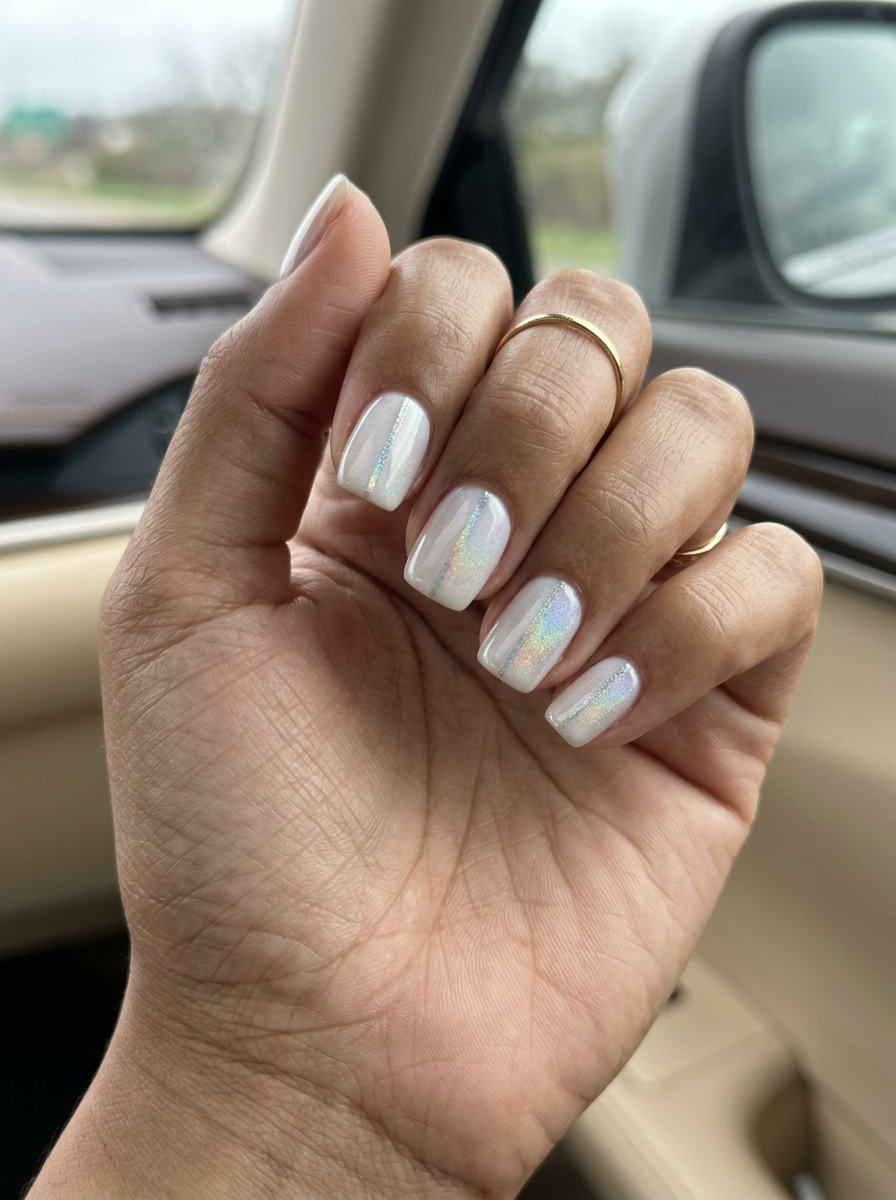 Light Beam Lines Nails 2026: Minimalist & Chic Light Beam Lines Square nails: milky white with holographic silver for shell summer nails 2026. Minimalist chic.