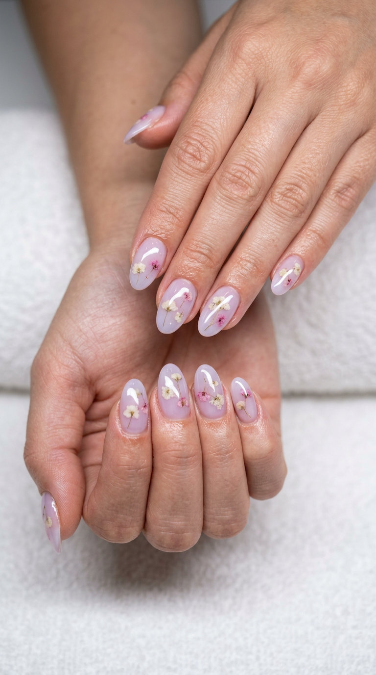 Lilac Bloom Milk Bath Nails 2026: Whimsical Romance Lilac Bloom Milk Bath Oval nails: lavender, milky white, floral accents for shell summer nails 2026. Whimsical.