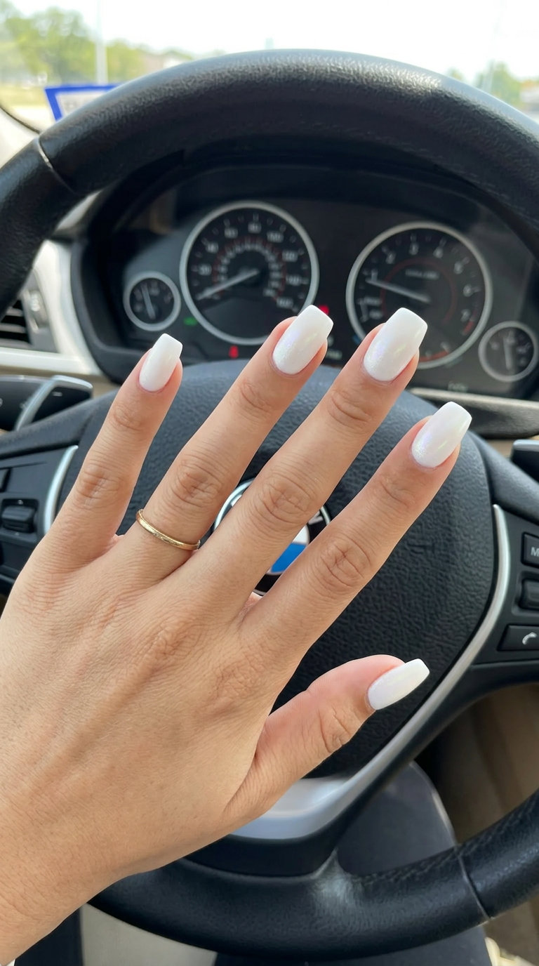 Moonlit Shell Matte Squoval Nails 2026: Minimalist & Work Style Moonlit Shell Matte Squoval nails: Matte cool white with subtle iridescent shift on squoval nails for shell summer nails 2026.