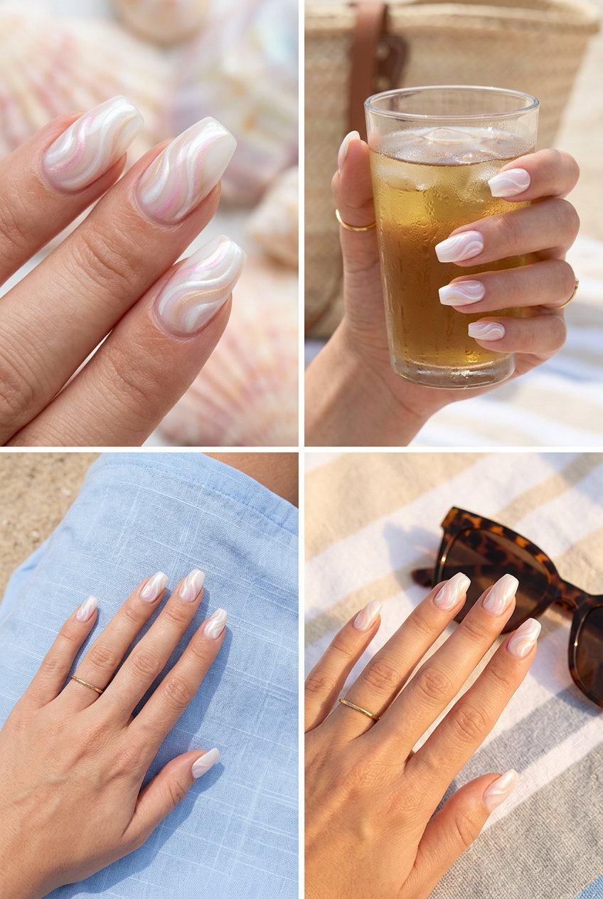 Mother-of-Pearl Swirls Nails 2026: Elegant Luxury Mother-of-Pearl Swirls Short Coffin nails: pearlescent white, pink, gold swirls for shell summer nails 2026.