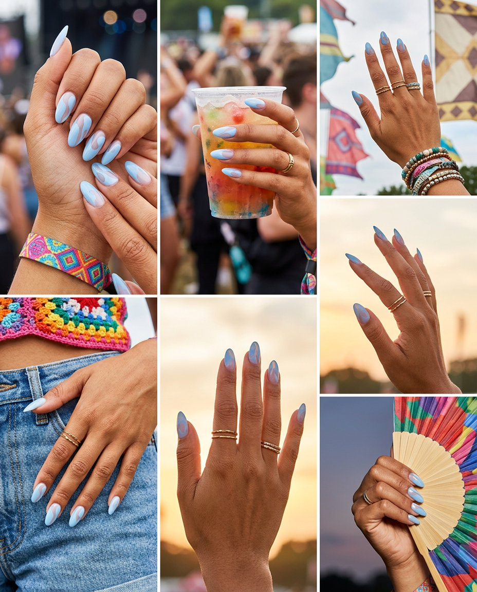 Shell Summer Nails 2026: Chic Negative Space Aqua Bloom Negative Space Almond nails for shell summer nails 2026. Milky blue with natural nail showing.