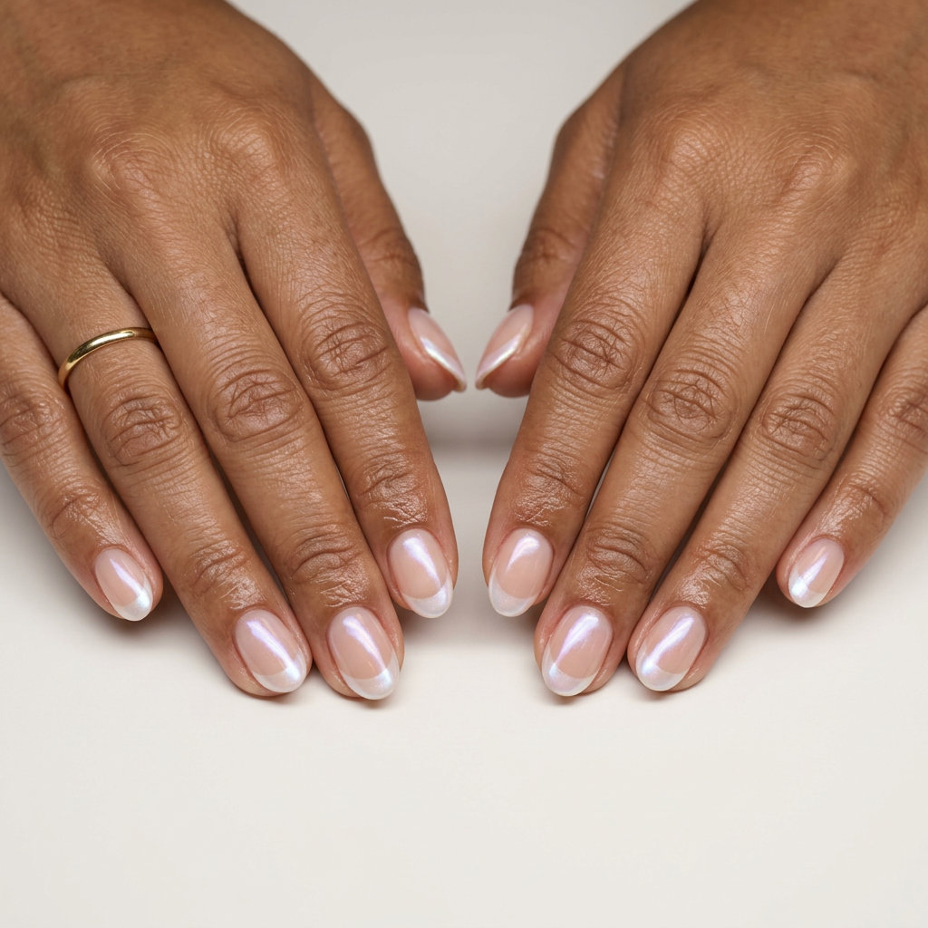 Oyster Pearl French Nails 2026: Glamorous Summer Oyster Pearl French Almond nails: sheer nude with iridescent white tips for shell summer nails 2026. Glamorous.