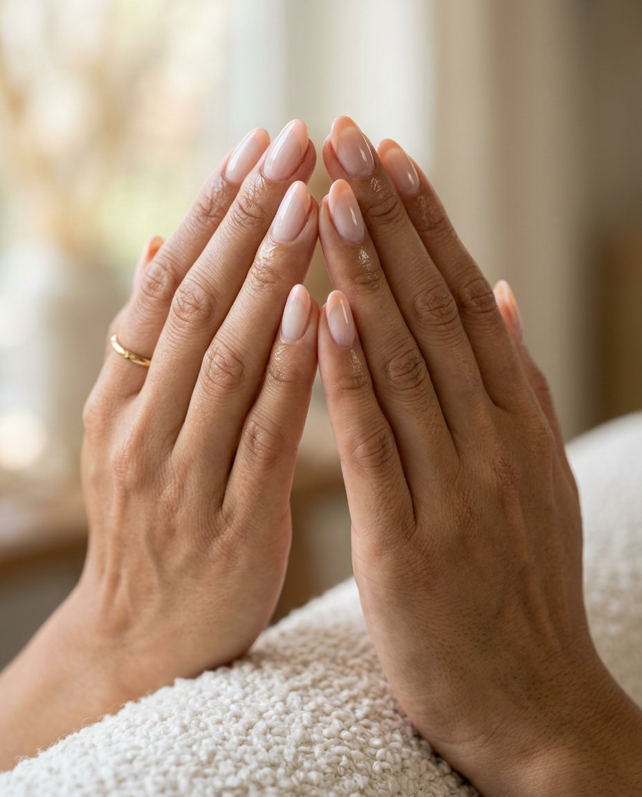 Pale Peach Milky French Oval Nails 2026: Classic & Romantic Style Pale Peach Milky French Tip Oval nails: Sheer milky base with diffused pale peach French tip for shell summer nails 2026.