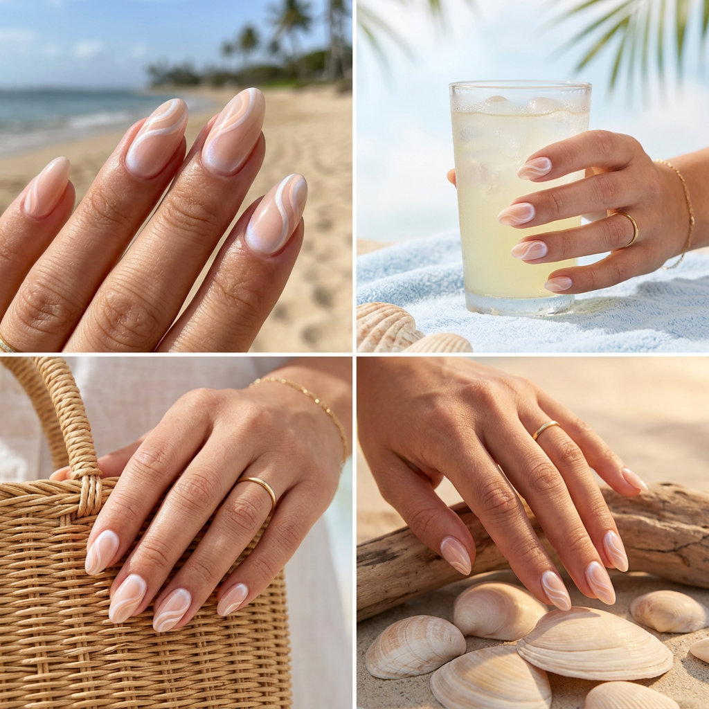 Peach Wave Almond Aura Nails 2026: Romantic Sophistication Peach Wave Almond Aura nails: sheer nude with pale peach swirls for shell summer nails 2026. Romantic vibes.