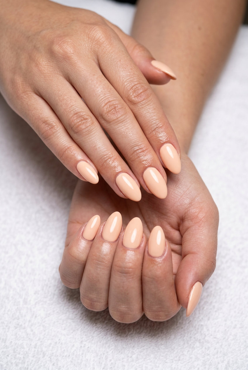 Peachy Cream Almond Nails 2026: Casual & Work Style Peachy Cream Almond nails: Opaque pale peach gel polish on soft almond nails for shell summer nails 2026.