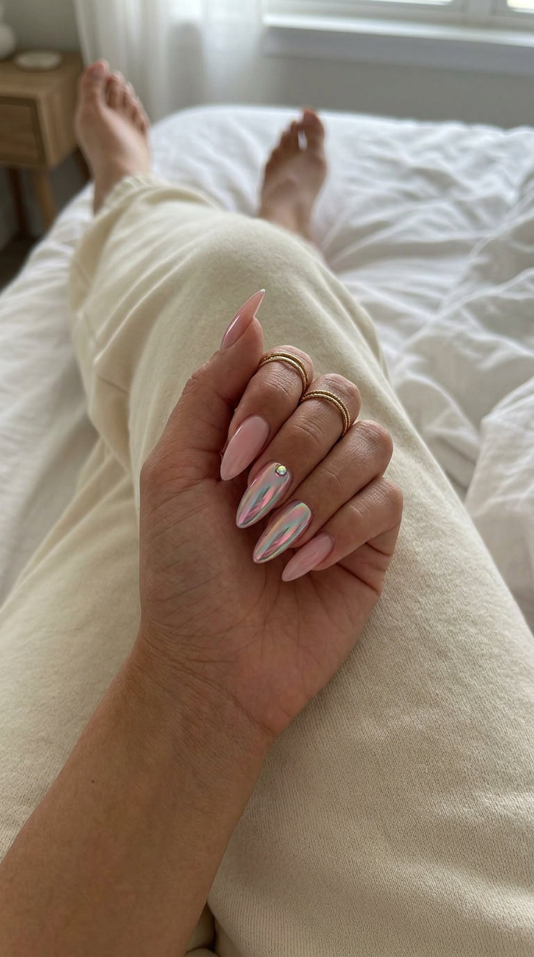 Prismatic Accent Stiletto Nails 2026: Party & Glam Style Prismatic Accent Stiletto nails: Iridescent chrome shift on long stiletto nails for shell summer nails 2026.