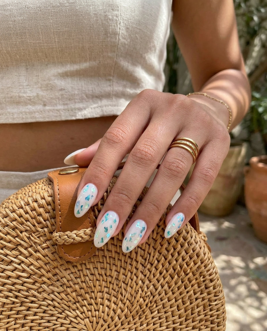 Sea Glass Shards Round Nails 2026: Festival & Beach Day Style Sea Glass Shards Round nails: Sheer white with iridescent foil flakes on short round nails for shell summer nails 2026.
