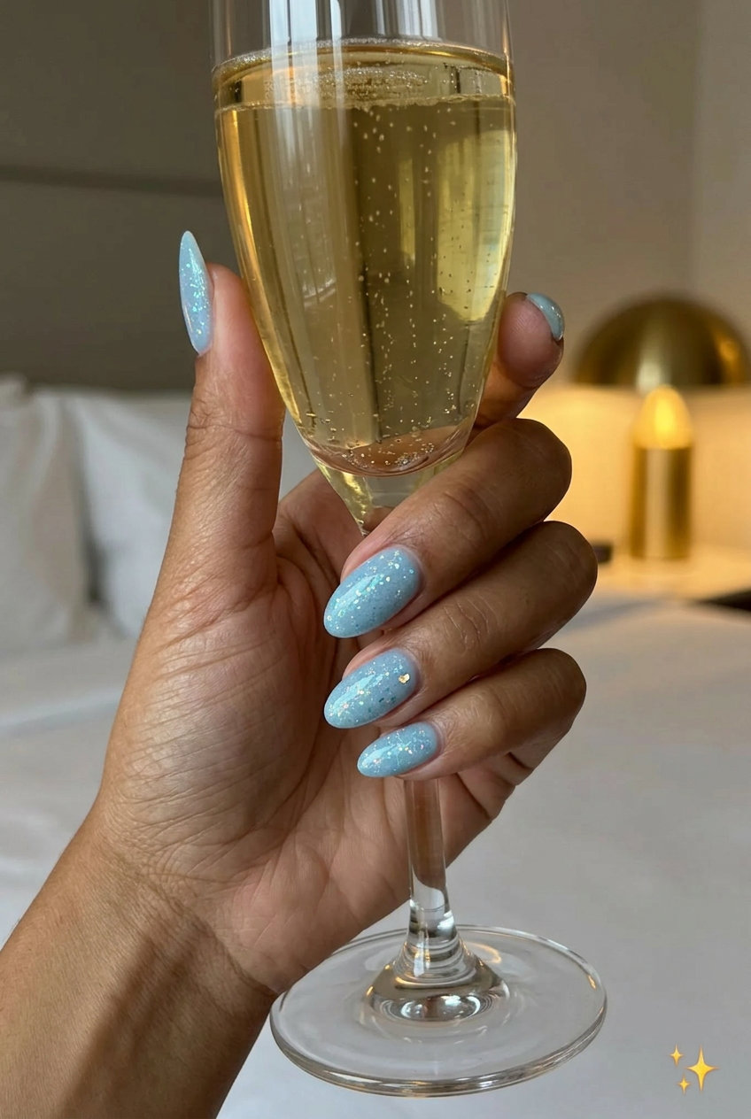 Seaglass Shimmer Almond Nails 2026: Vacation Glam Seaglass Shimmer Almond nails: milky blue with iridescent glitter for shell summer nails 2026. Perfect for vacation.