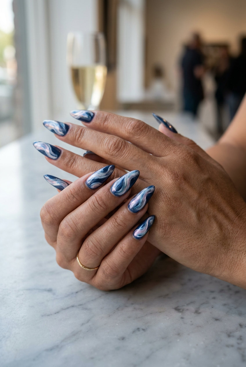 Shell Summer Nails 2026: Artistic Stiletto Swirls Abstract Pearl Swirls Stiletto nails for shell summer nails 2026. Soft blues, whites, and iridescent pearl swirls.
