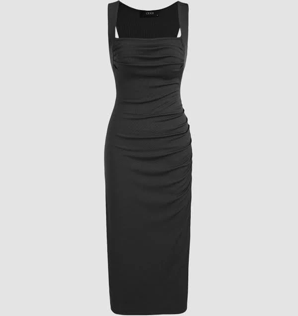 CIDER Women's Graduation Midi Dress Bodycon Knit Square Neck Sleeveless Ruched Dress Homecoming Summer Date