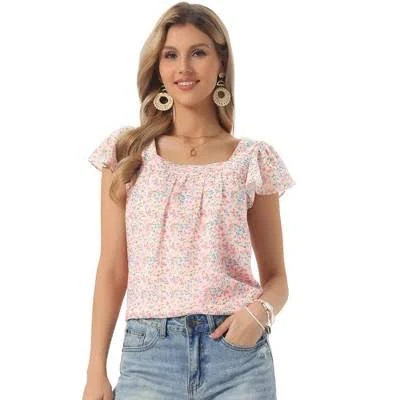 Inspire Chic Women's Ruffle Sleeve Square Neck Chiffon Blouse