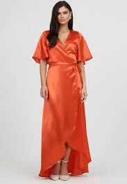 S Size Orange Wrap Satin Dress With Flutter Sleeves (Ready to Ship)