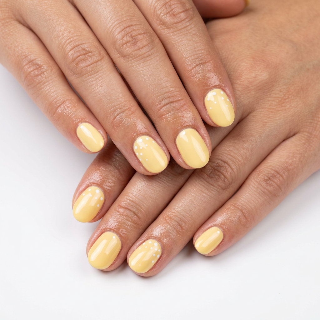 Short oval summer nails 2026 in butter yellow with subtle white dots for casual weekend or picnic.