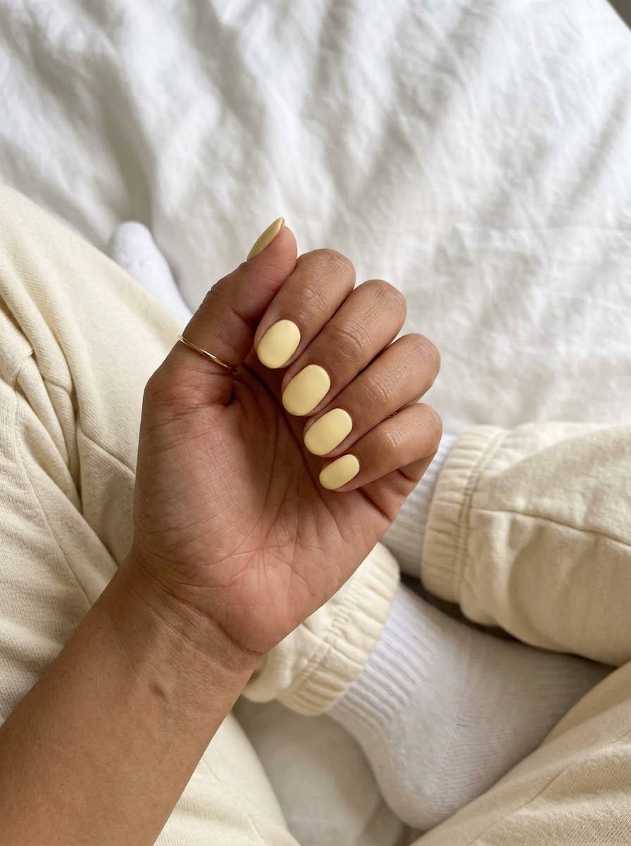 Short oval summer nails 2026 in matte butter yellow for daily wear or casual lunch.