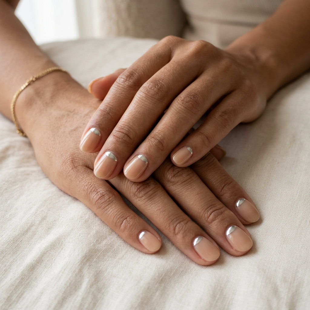 Short oval summer nails 2026: Nude gel with silver chrome half moon accent for work or date night.