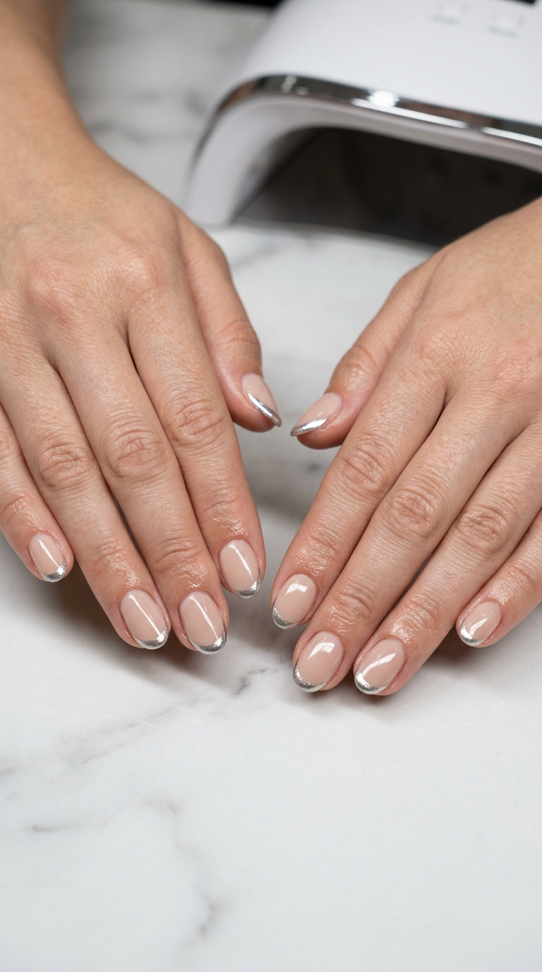 Chic neutral nude chrome tip short oval nails for work events. Short oval summer nails 2026.