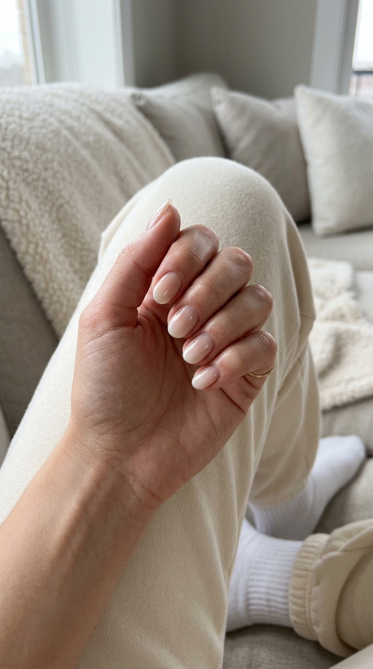 Clean nude milky ombre short oval nails for daily wear and work. Short oval summer nails 2026.