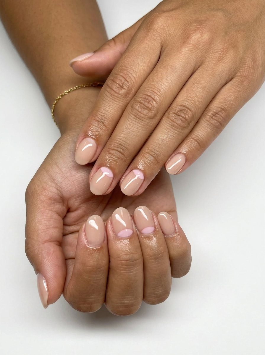 Short oval summer nails 2026: Nude pink reverse French accent for formal events and weddings.