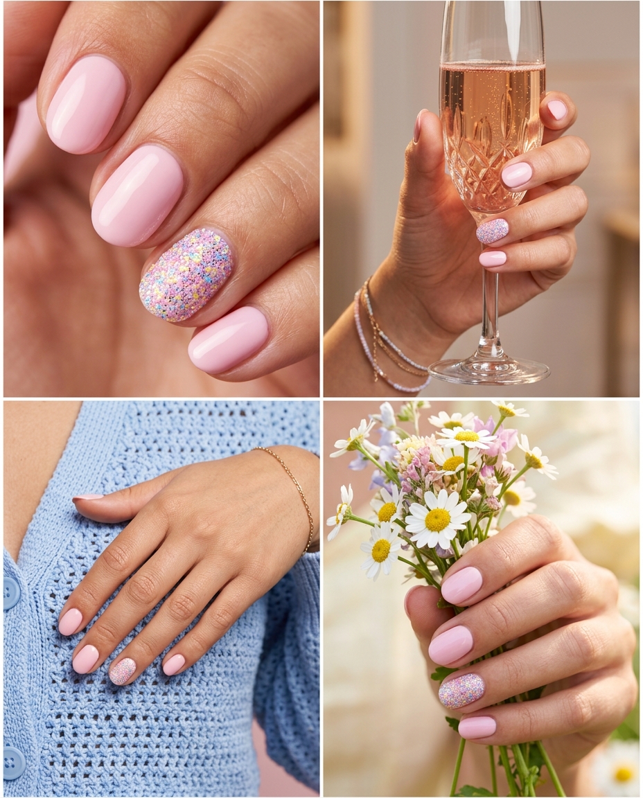 Short oval summer nails 2026 in pastel pink with glitter accent for party or birthday.