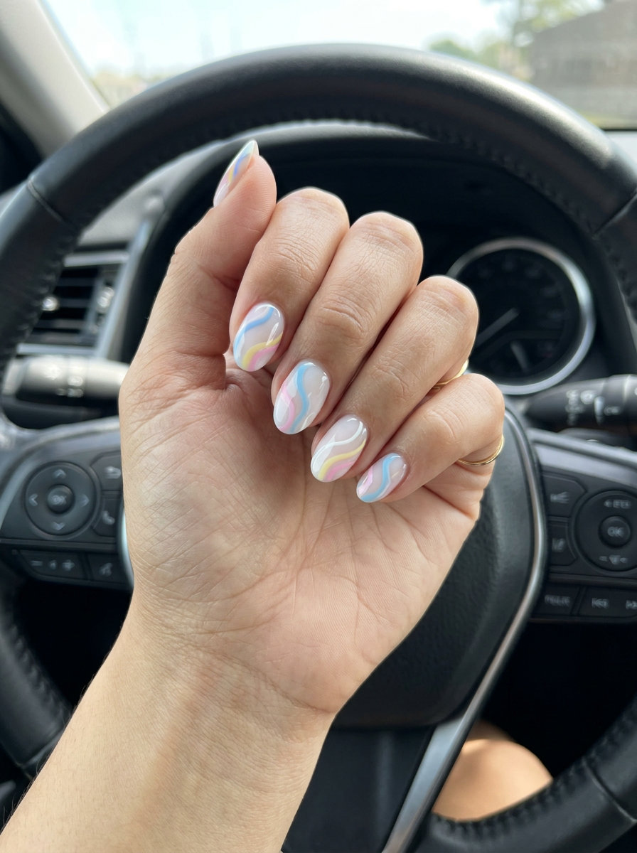 Short oval summer nails 2026: Pastel swirls for festivals and creative casual outings.